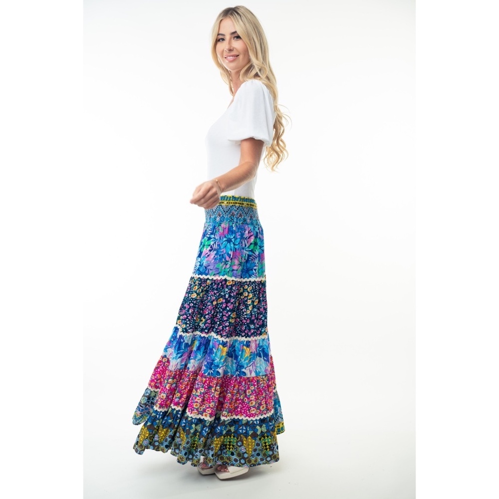WHITE BIRCH Flower Patchwork Print Smocked Waist Tiered Maxi Skirt - Picture 9 of 10